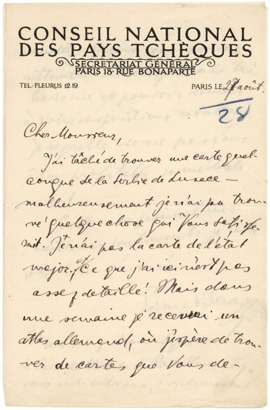 Autograph Letter Signed from Paris Where the Future Czech President Sought Support for the Czech Independence Movement