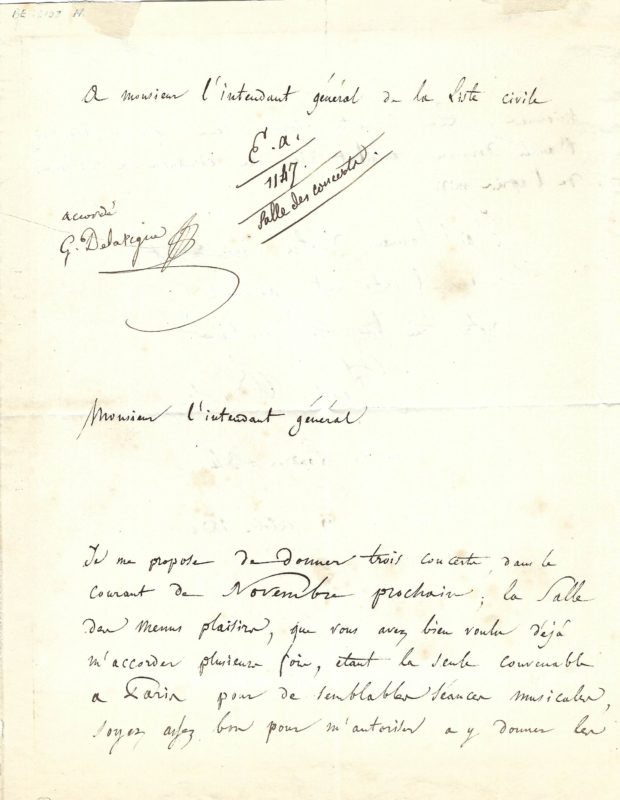 21632Early Autograph Letter Signed Reserving a Venue for the Premiere of His “Harold en Italie”