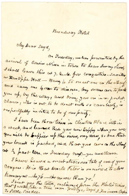 18493An Amusing and Unpublished Autograph Letter Signed by the Author of “The Last of the Mohicans,” Mentioning Jenny Lind’s Celebrated American Tour