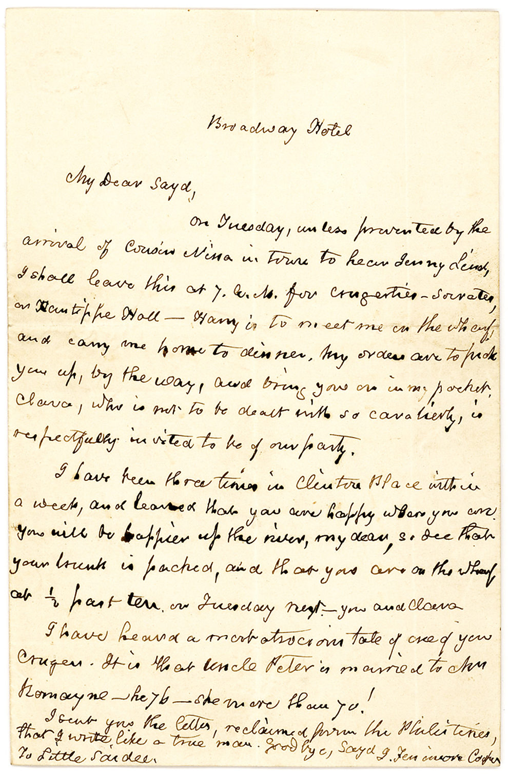 An Amusing and Unpublished Autograph Letter Signed by the Author of “The Last of the Mohicans,” Mentioning Jenny Lind’s Celebrated American Tour
