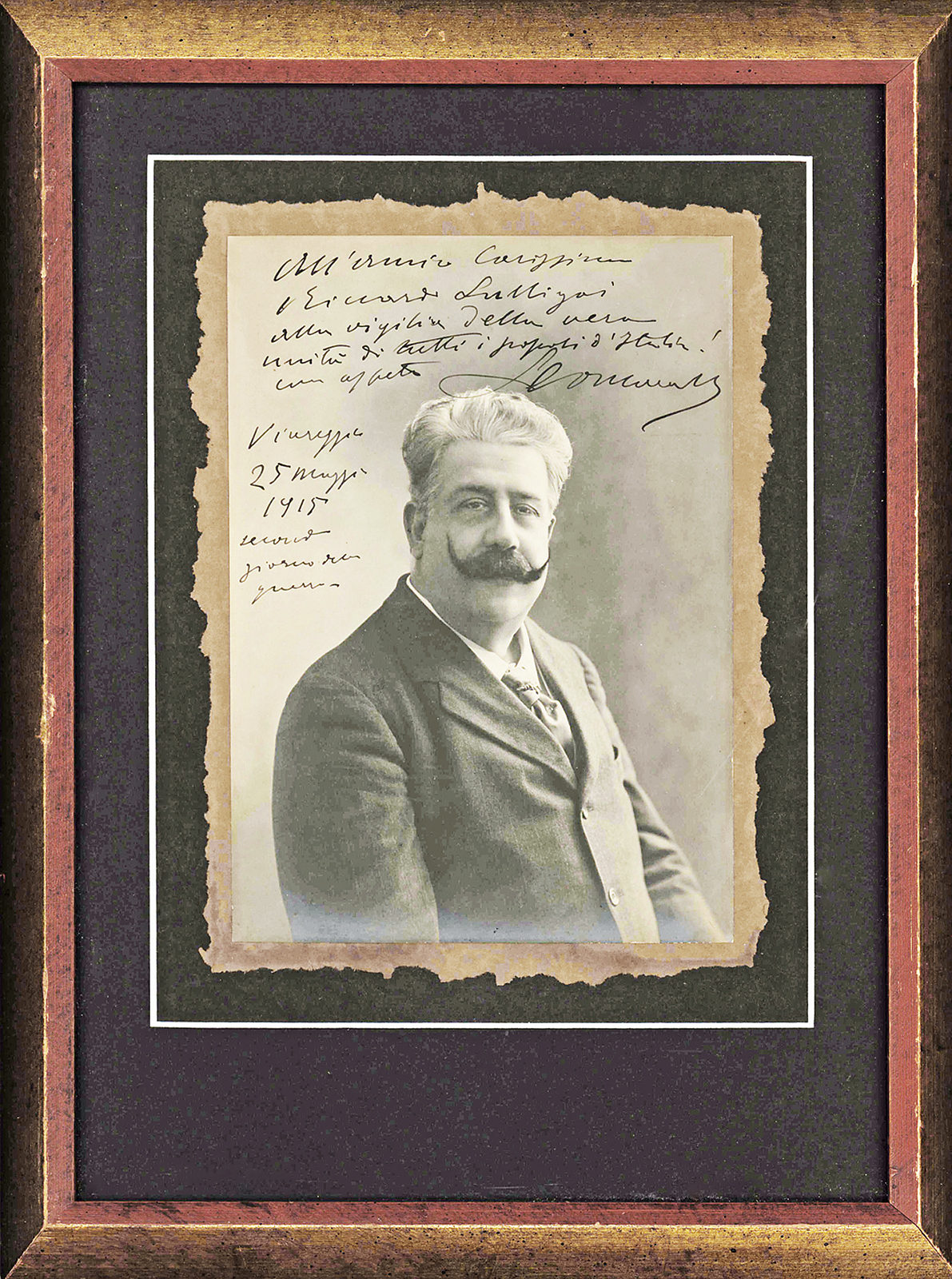Inscribed Photograph by the Italian composer of “Pagliacci” with Patriotic World War I Sentiment on the “second day of the war”