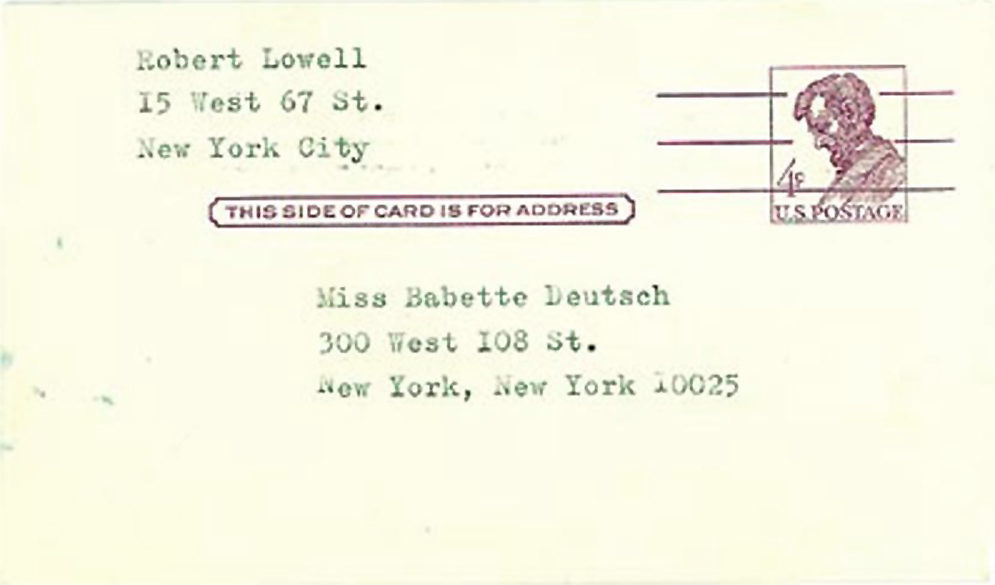 Typed Postcard Signed to Babette Deutsch about May Swenson, “She is a true poet”