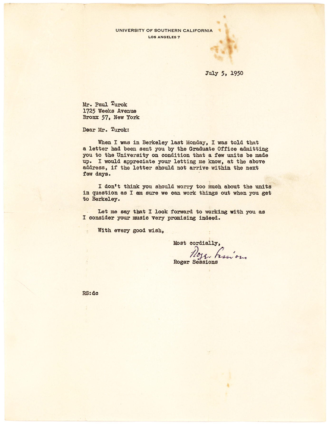 Typed Letter Signed to Paul Turok, a Composer and Critic Who Studied under Sessions at Berkeley and Princeton
