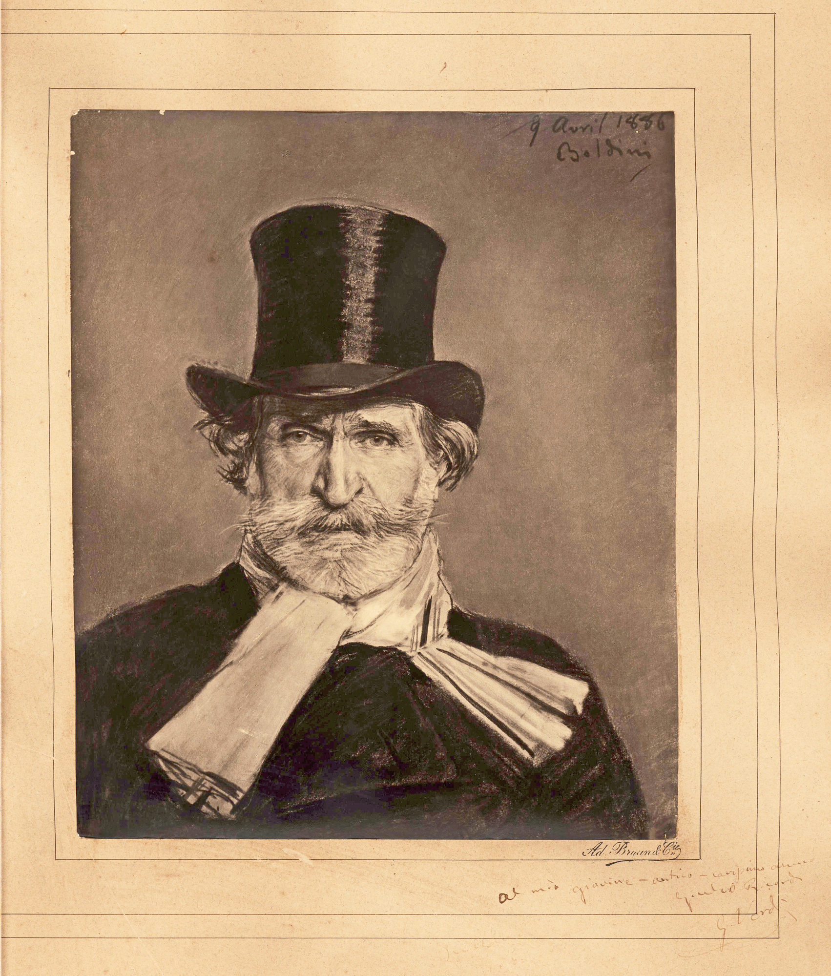 Huge “Boldini” Portrait by Adolphe Braun Inscribed by Giuseppe Verdi to His Publisher Giulio Ricordi