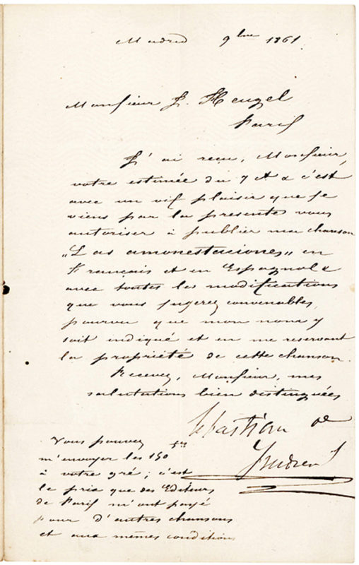 18945Very Rare Letter Signed by the Composer of “La Paloma,” One of the Most Popular Melodies Ever Written, and a Favorite of Emperor Maximilian of Mexico