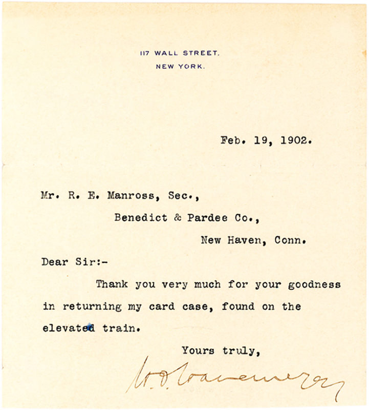 29566Gracious and Grateful Typed Letter Signed by Art Collector, Plutocrat and Patron of New York’s Metropolitan Museum
