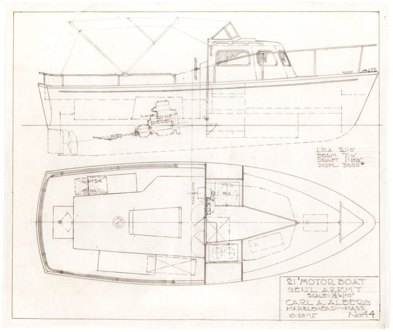 30148Original, Hand-Drawn Motor Boat Design by the Swedish-born, American Boat Designer of the Immensely Popular Triton and Cape Dory 22