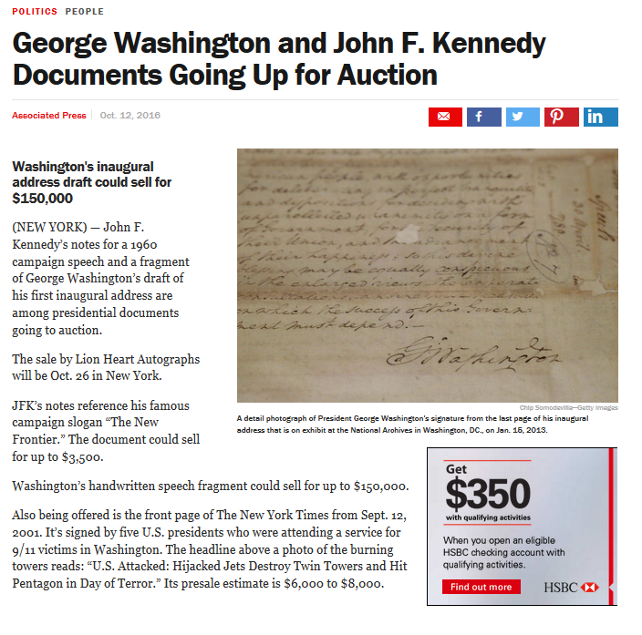 News story about George Washington manuscript at auction