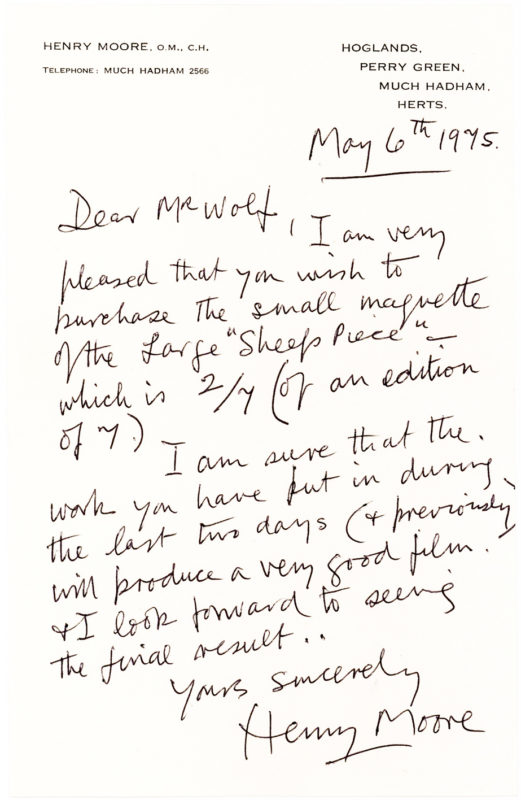 32936Autograph Letter from the English Sculptor Henry Moore to the American Filmmaker who is Buying his Sculpture