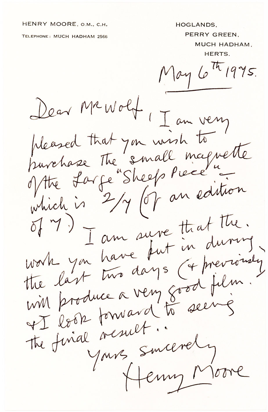 Autograph Letter from the English Sculptor Henry Moore to the American Filmmaker who is Buying his Sculpture