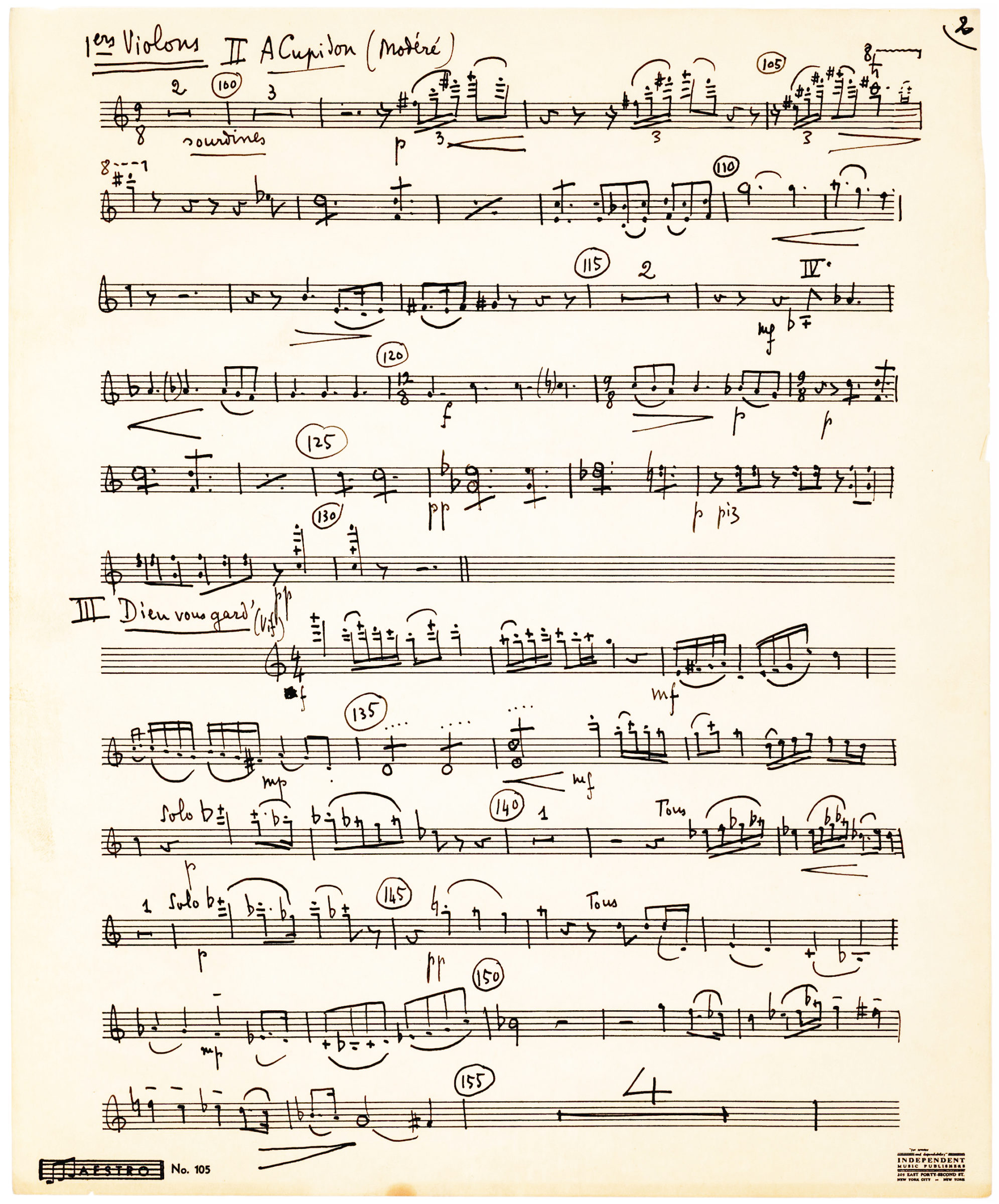 Three-Page AMusMsS from his “Trois Chansons de Ronsard,” Written for Lily Pons