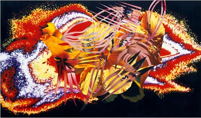Rosenquist's painting Flowers before the Sun, 1989. Coll. of Fred Howard, Howard Int. Corp.