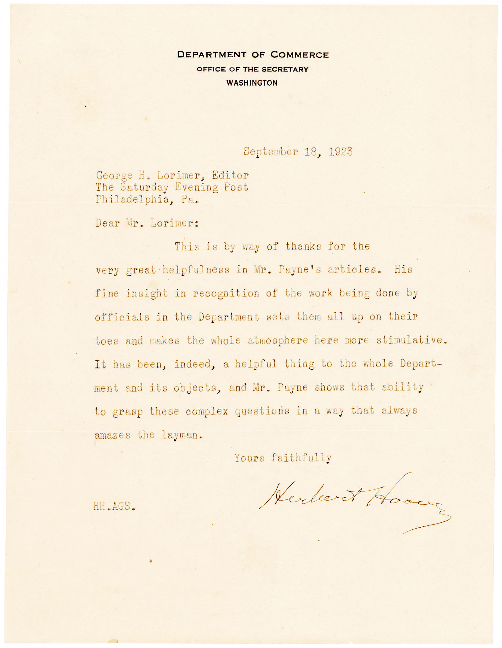 Herbert Hoover Letter to the Editor of the Saturday Evening Post: “… A way that always amazes the layman”