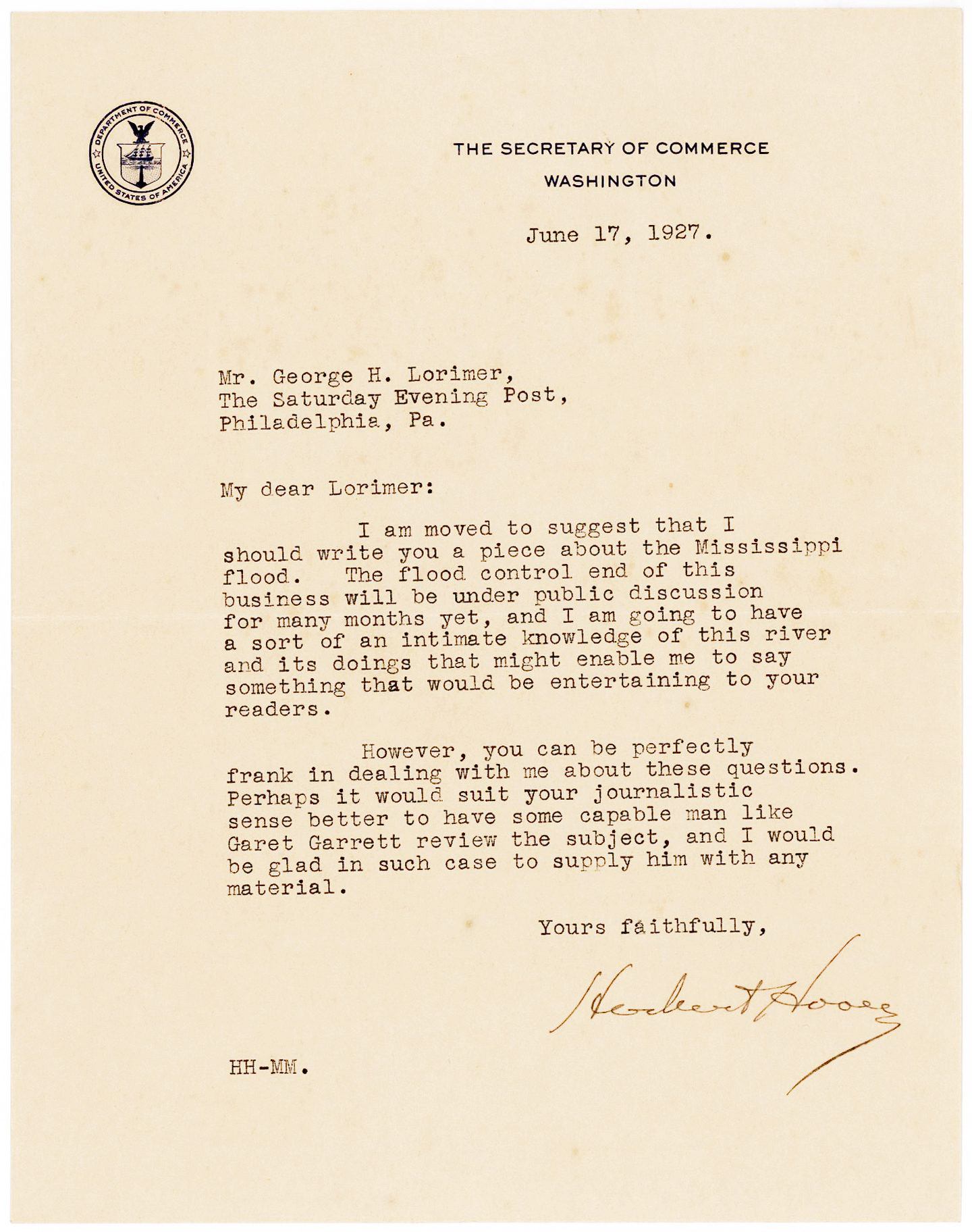 Typed Letter from Herbert Hoover about the Great Mississippi Flood of 1927, the Most Destructive River Flood in the History of the United States