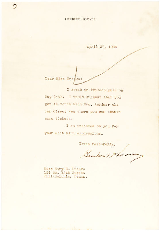 36440Former U.S. President Herbert Hoover Advises on How to Get Tickets to his Upcoming Speech in Philadelphia