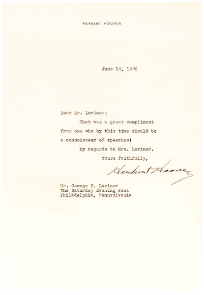 Herbert Hoover Thanks the Wife of Publishing Giant George H. Lorimer for her Compliments on his Speech in Cleveland