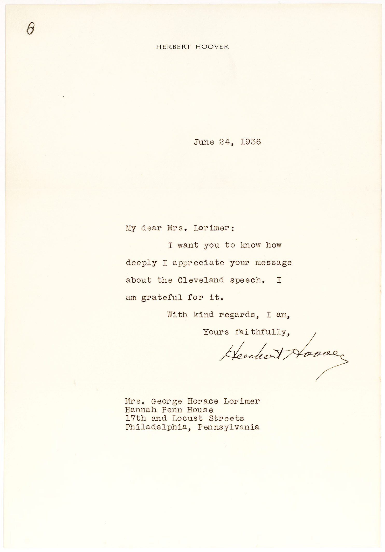 Herbert Hoover Thanks the Wife of Publishing Giant George H. Lorimer for her Compliments on his Speech in Cleveland