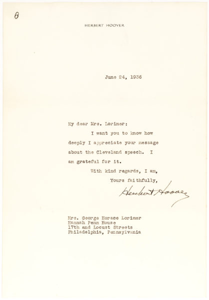 Letter of Thanks on his Personal Stationery to The Saturday Evening Post’s Editor George H. Lorimer