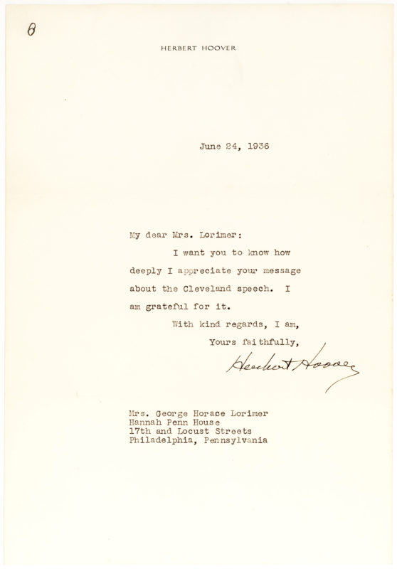 36459Herbert Hoover Thanks the Wife of Publishing Giant George H. Lorimer for her Compliments on his Speech in Cleveland
