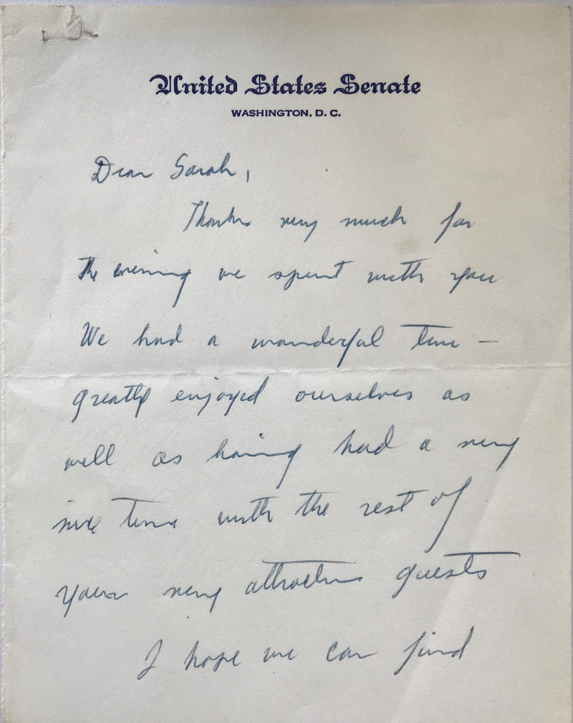 In a Framed Autograph Letter, RFK Jokes about Gangsters to Pioneering Washington Journalist Sarah McClendon