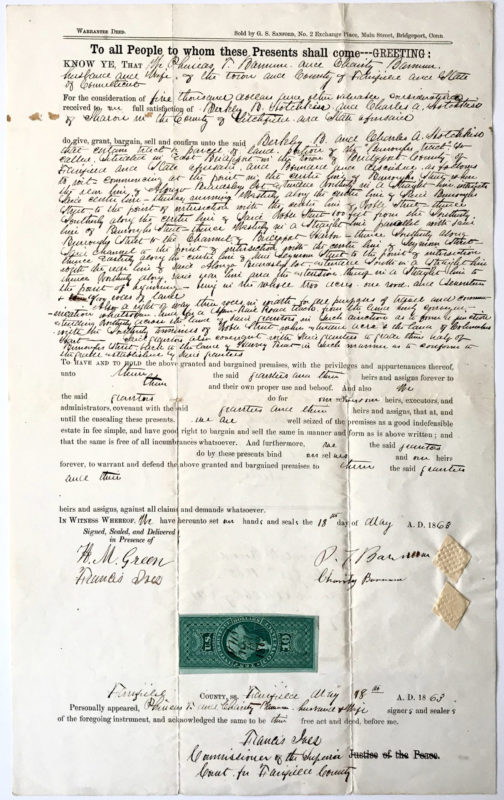 38829Signed Document Selling Connecticut Property to Wealthy Hotchkiss Family