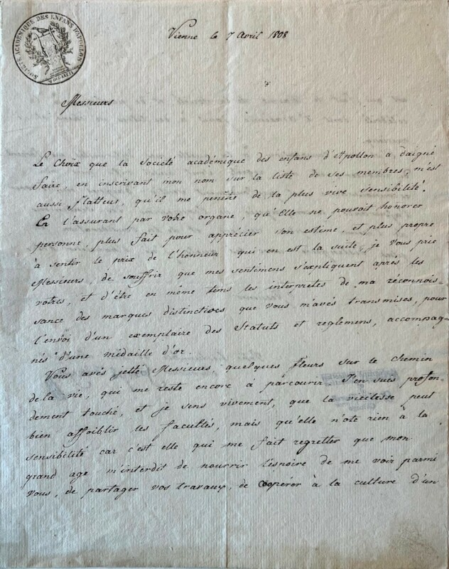 Rare and Effusive Signed Letter Declining Membership in the Société Académique des Enfants d’Apollon, Discussing His Advanced Age and the “flowers on the road of life…left to me to travel”