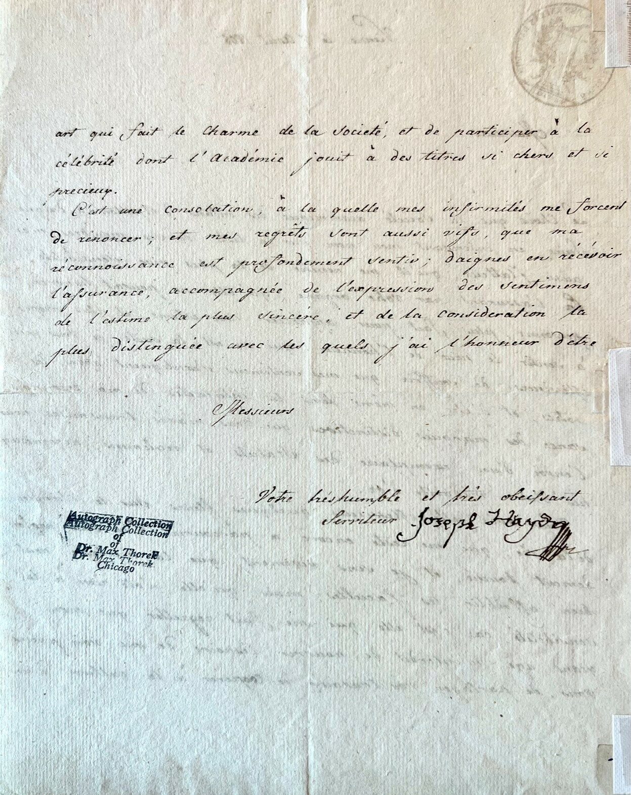 Rare and Effusive Signed Letter Declining Membership in the Société Académique des Enfants d’Apollon, Discussing His Advanced Age and the “flowers on the road of life…left to me to travel”