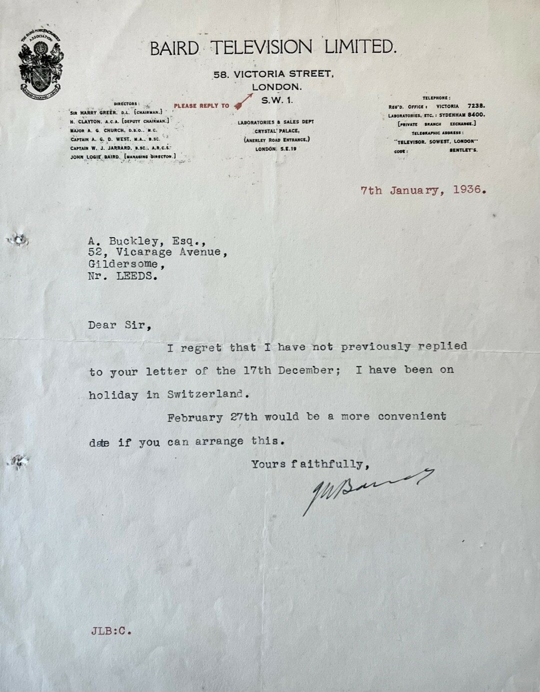 Rare Letter by the Inventor of Television