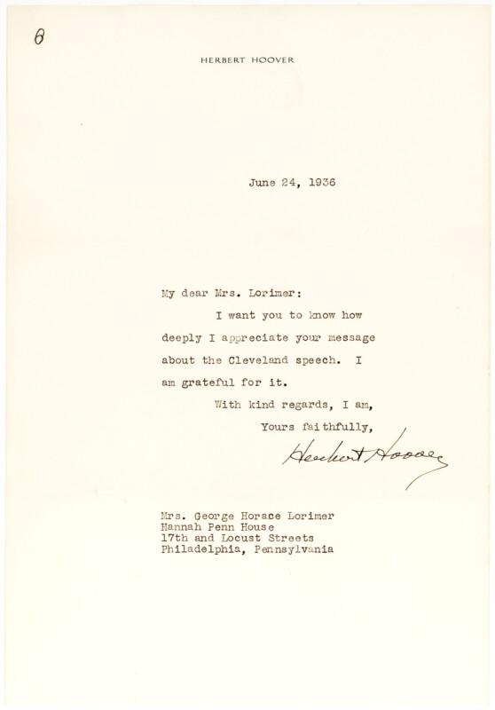 41780Thank You Letter to Mrs. George H. Lorimer, Wife Saturday Evening Post Editor