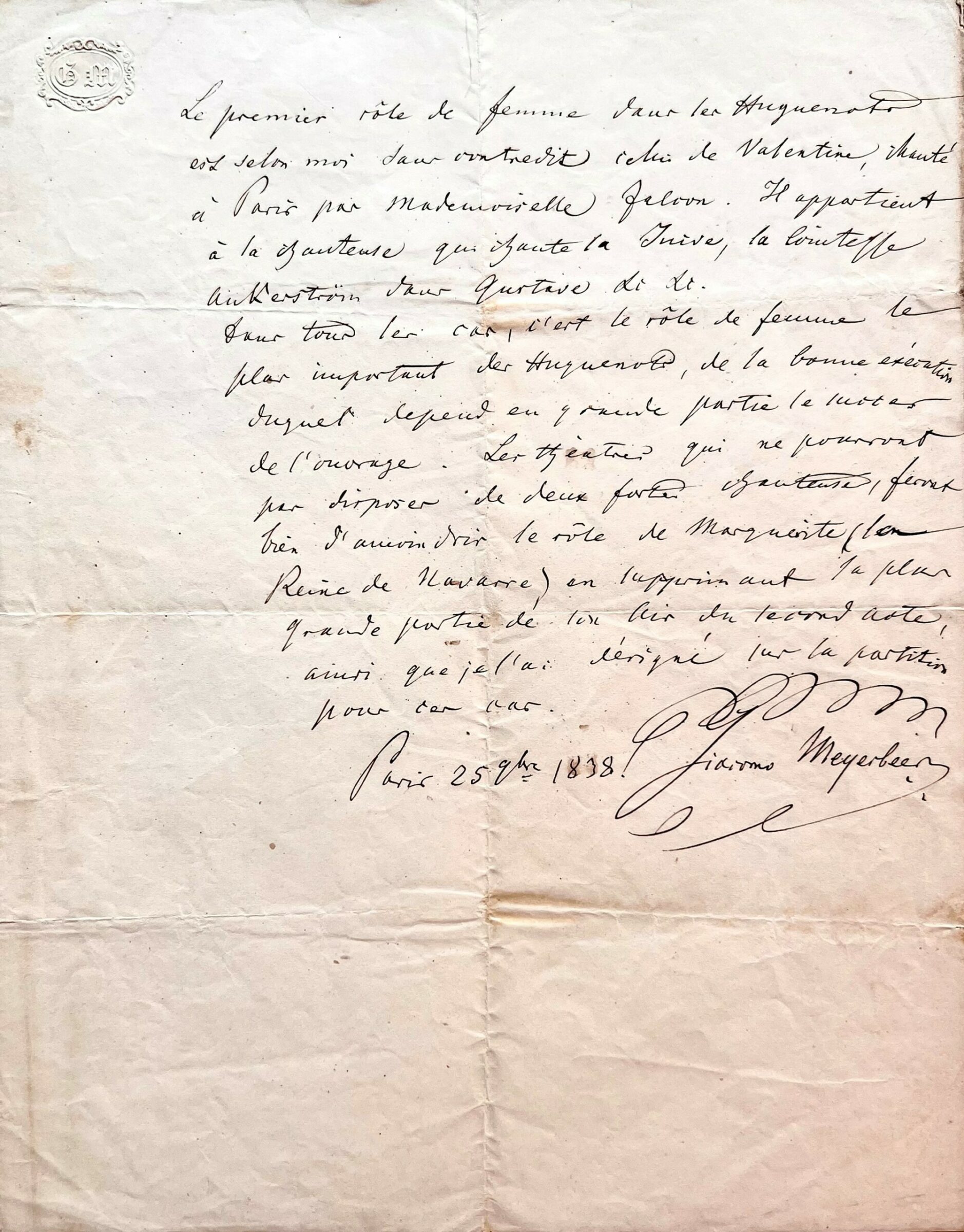 Autograph Manuscript Signed Praising Cornélie Falcon Who Premiered Valentine in Les Huguenots