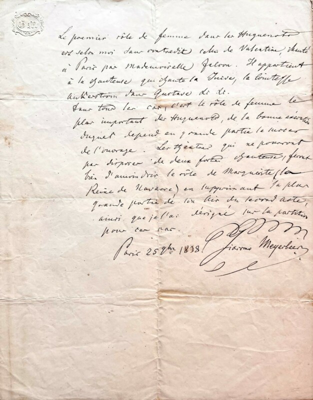 41472Autograph Manuscript Signed Praising Cornélie Falcon Who Premiered Valentine in Les Huguenots