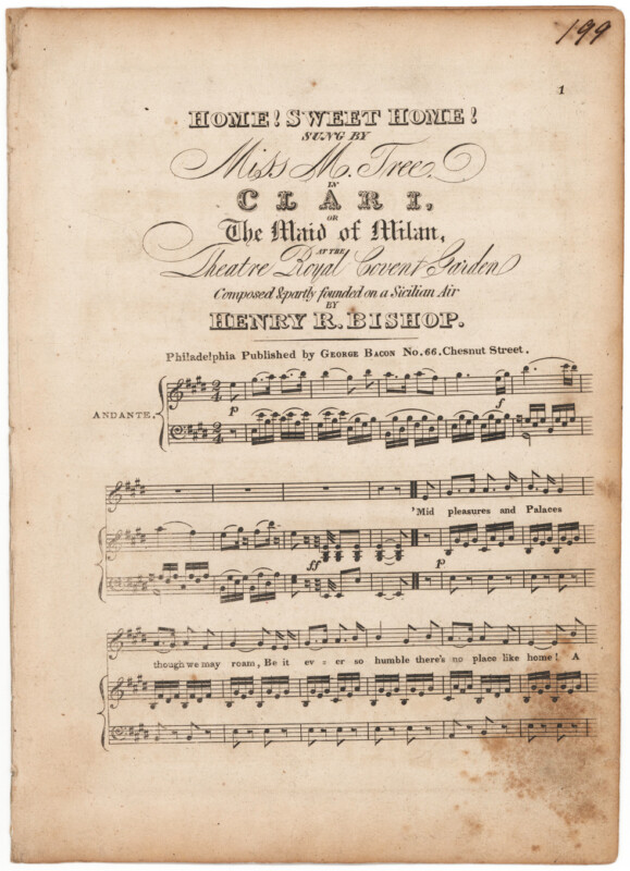 Fair Copy of the First Two Verses of Home! Sweet Home!, the Most Popular American Song of the 19th Century